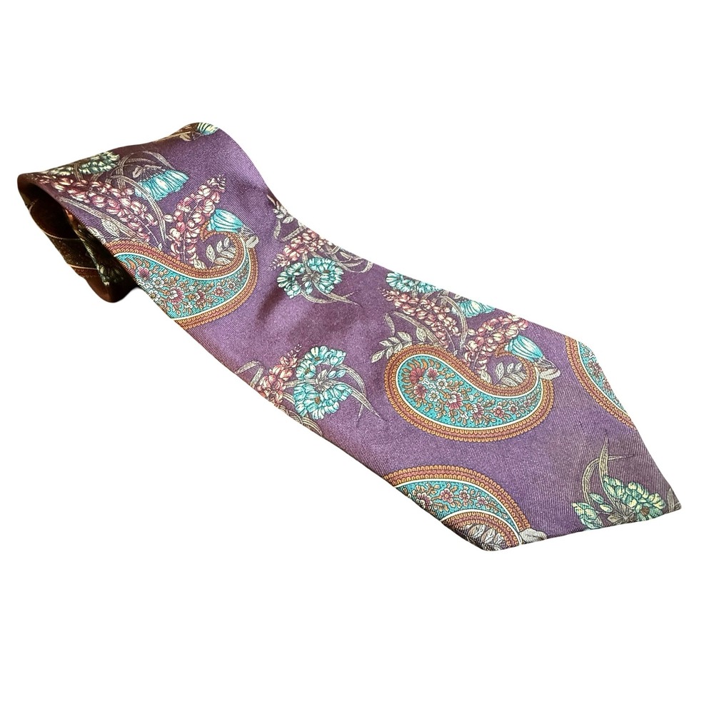 Mallory & Church London Mens Silk Tie Purple Teal Paisley Floral Pattern Necktie